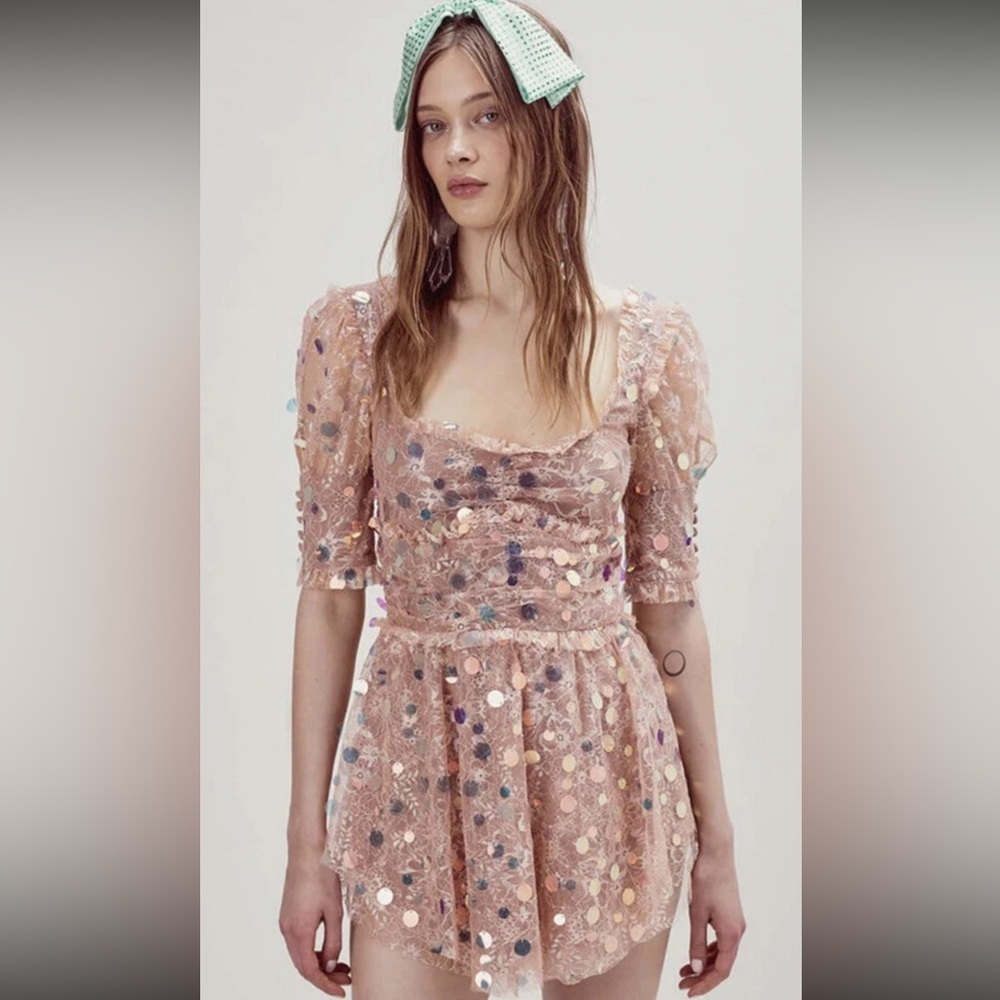 For Love & Lemons Pink Lace Dress with Sequin Details‎